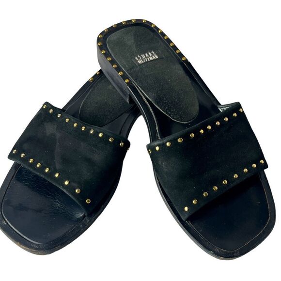 Stuart Weitzman Gorgeous Black Suede Slides Embellished in Gold Grommets Sz 5